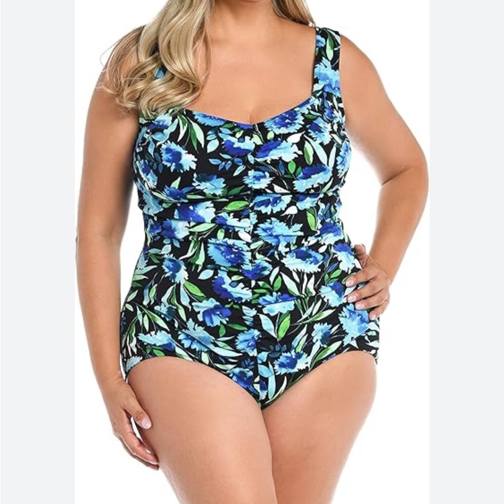 Maxine of Hollywood Tropical Blue and Black One Piece Swimsuit